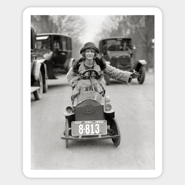 Flapper Driving Pedal Car, 1924. Vintage Photo Sticker by historyphoto